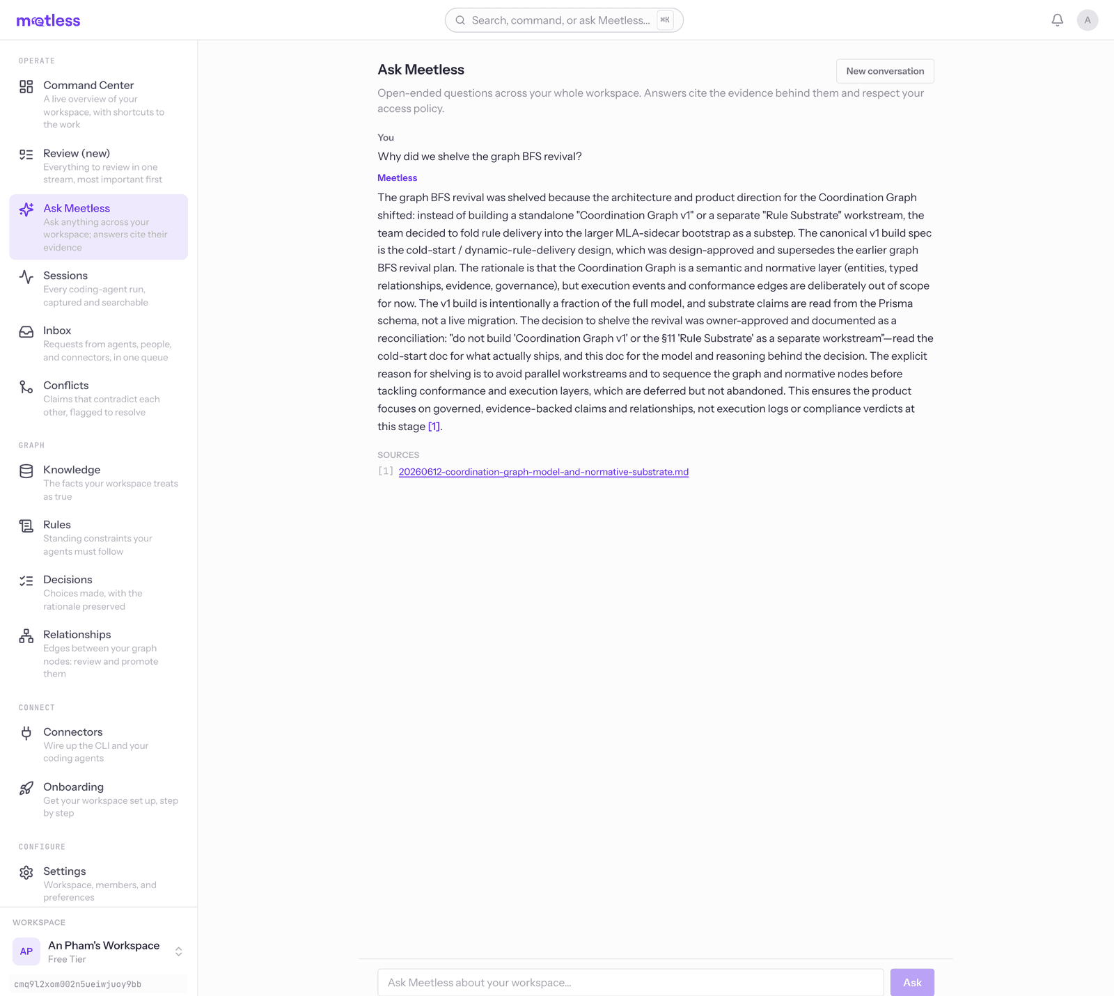 Console: ask a question about your project history and get a cited answer.